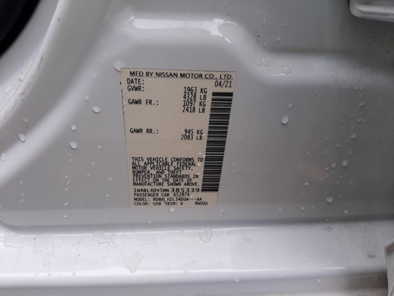 Photo 10 from auction – 2021 NISSAN ALTIMA SV with VIN 1N4BL4DV5MN385339