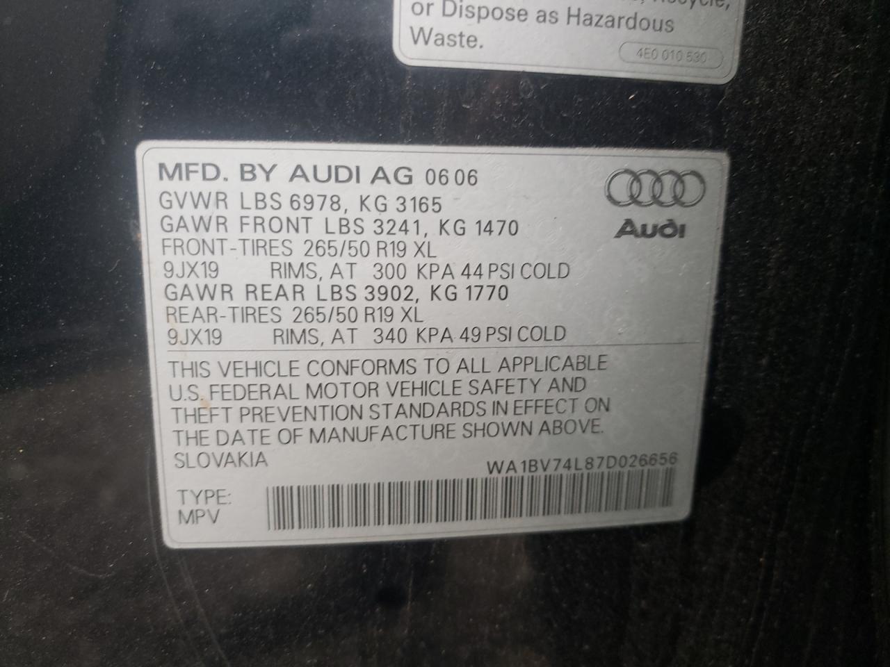 Photo 10 from auction – 2007 AUDI Q7 4.2 QUA with VIN WA1BV74L87D026656