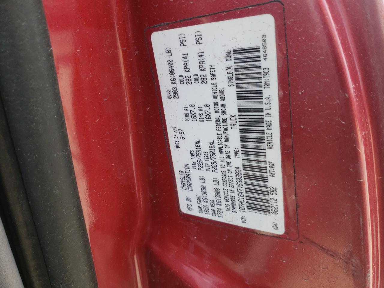 Photo 10 from auction – 1997 DODGE RAM 1500 with VIN 1B7HC16X7VS303924