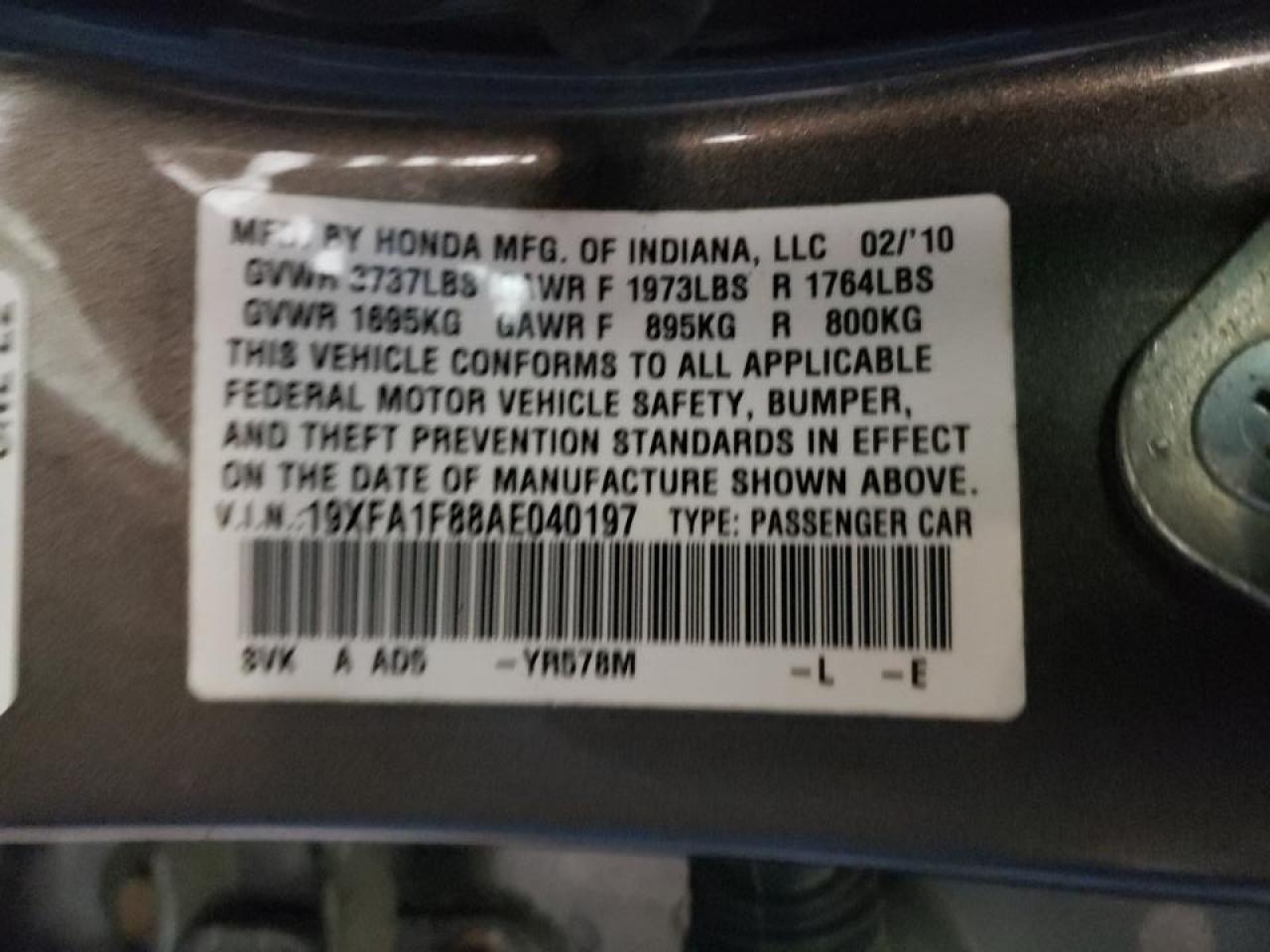 Photo 10 from auction – 2010 HONDA CIVIC EX with VIN 19XFA1F88AE040197