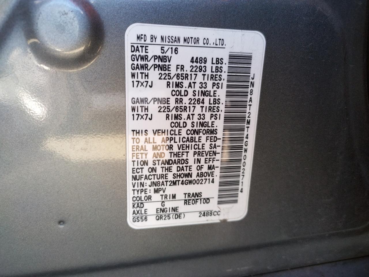 Photo 10 from auction – 2016 NISSAN ROGUE S with VIN JN8AT2MT4GW002714