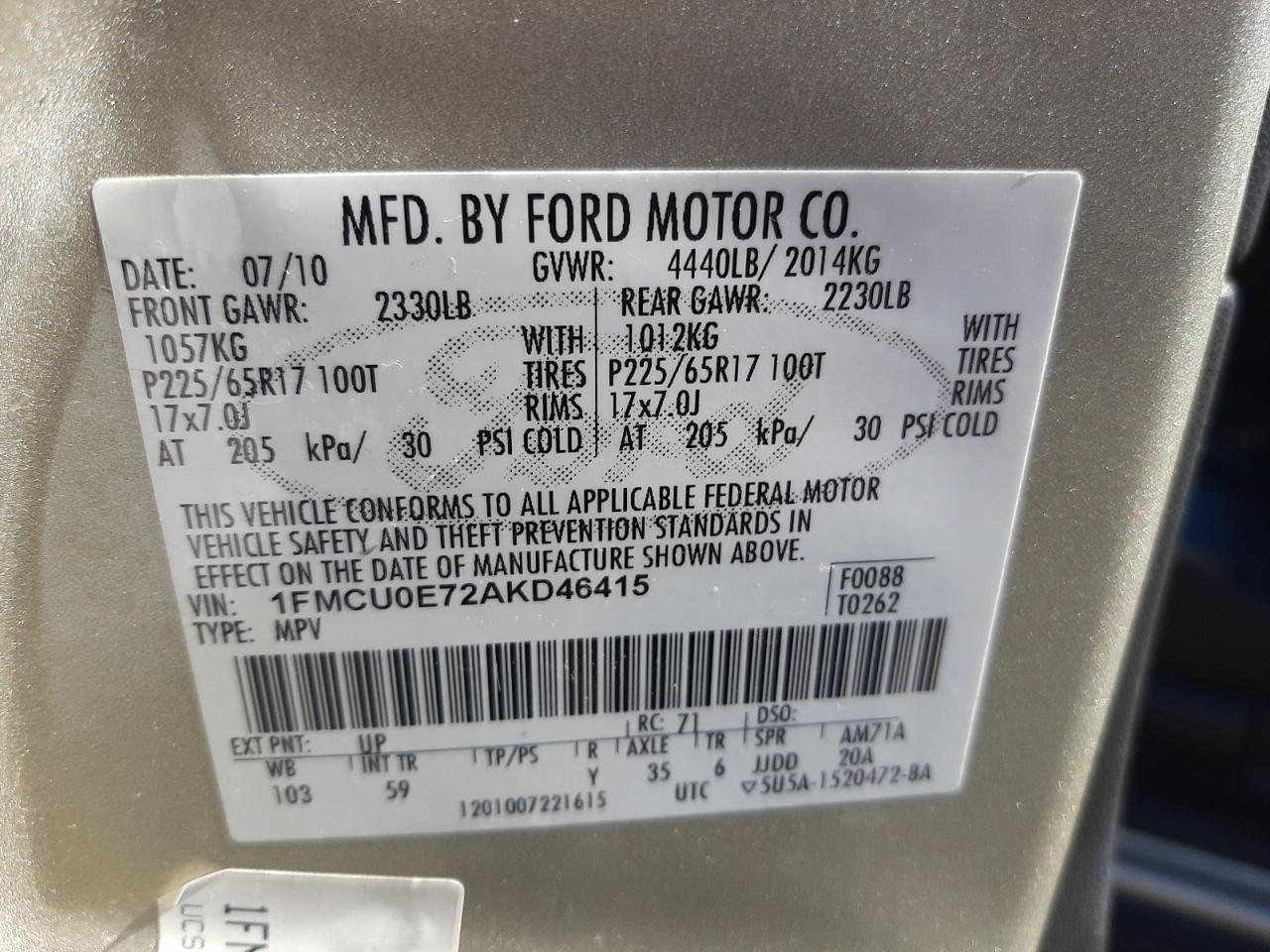 Photo 10 from auction – 2010 FORD ESCAPE LIM with VIN 1FMCU0E72AKD46415