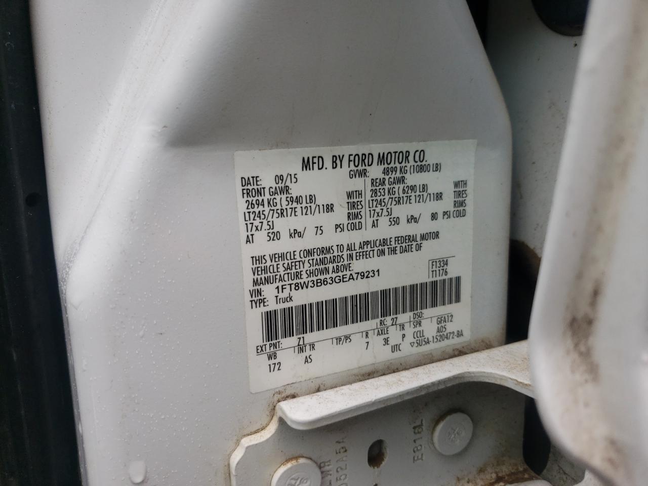 Photo 10 from auction – 2016 FORD F350 SUPER with VIN 1FT8W3B63GEA79231