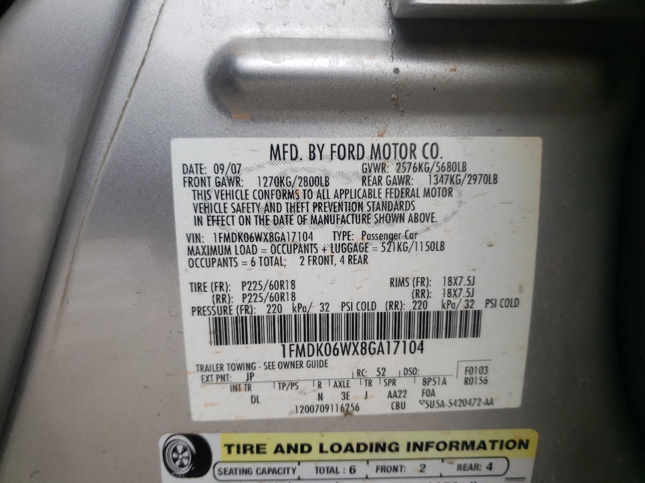 Photo 10 from auction – 2008 FORD TAURUS X L with VIN 1FMDK06WX8GA17104