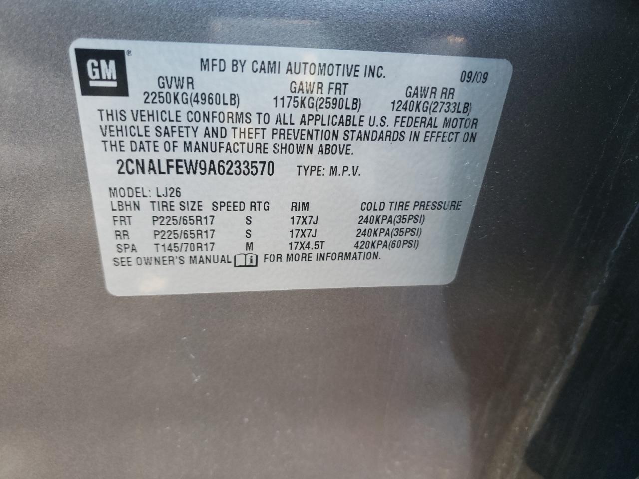 Photo 10 from auction – 2010 CHEVROLET EQUINOX LT with VIN 2CNALFEW9A6233570