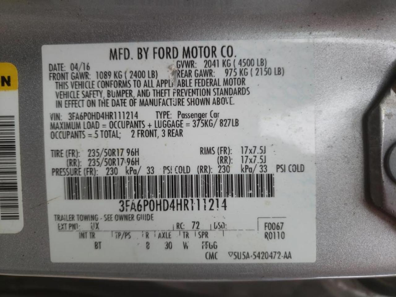 Photo 10 from auction – 2017 FORD FUSION SE with VIN 3FA6P0HD4HR111214
