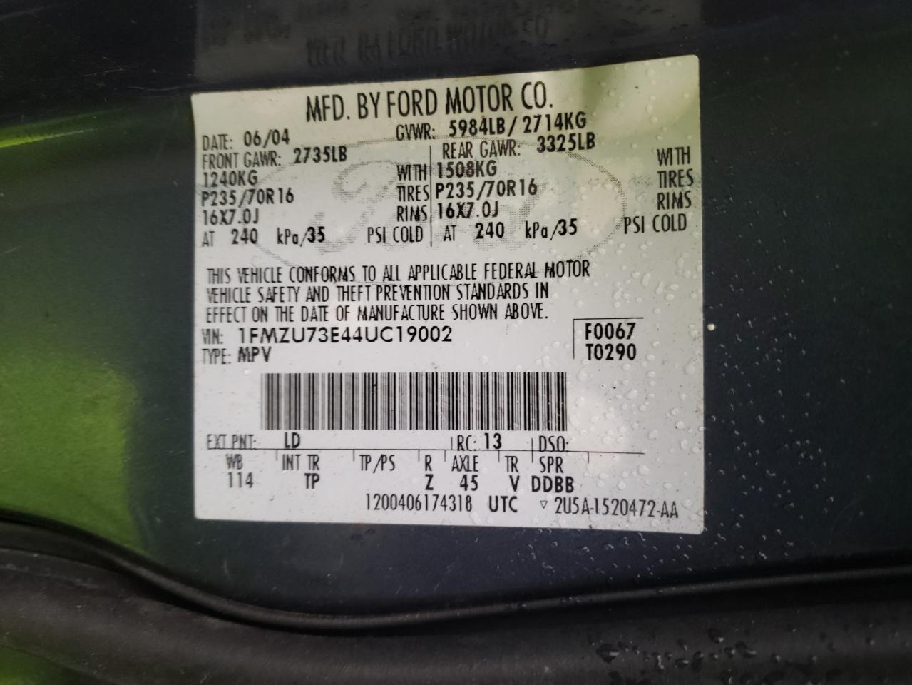 Photo 10 from auction – 2004 FORD EXPLORER with VIN 1FMZU73E44UC19002