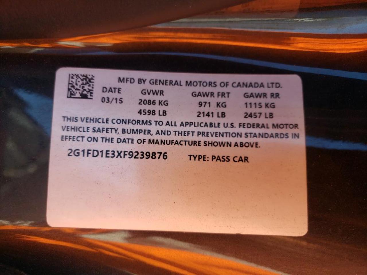 Photo 10 from auction – 2015 CHEVROLET CAMARO LT with VIN 2G1FD1E3XF9239876