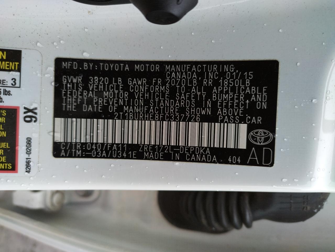 Photo 10 from auction – 2015 TOYOTA COROLLA L with VIN 2T1BURHE8FC337726