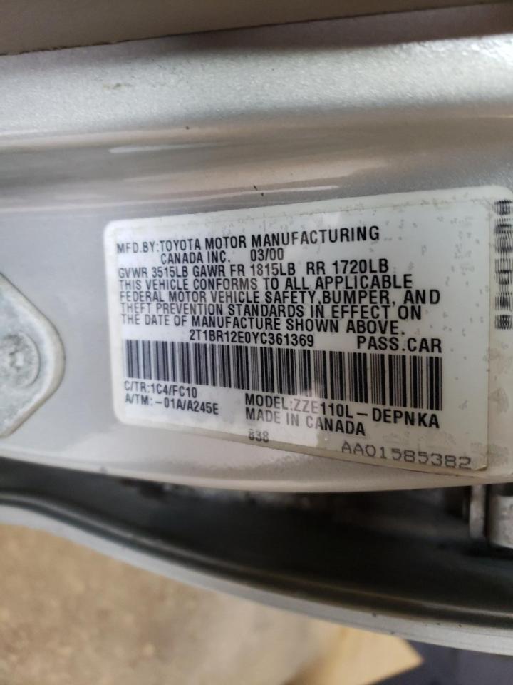 Photo 10 from auction – 2000 TOYOTA COROLLA VE with VIN 2T1BR12E0YC361369