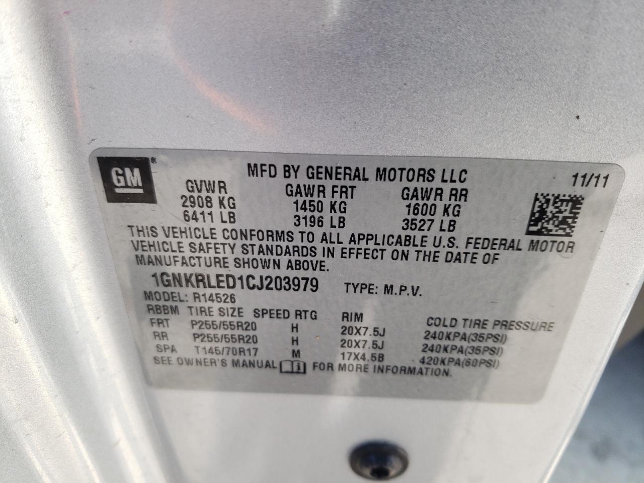 Foto 10 de la subasta – 2012 CHEVROLET TRAVERSE L con VIN 1GNKRLED1CJ203979