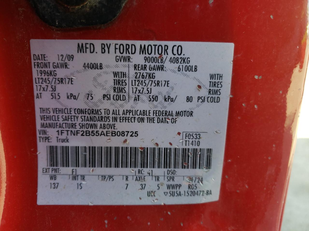 Photo 10 from auction – 2010 FORD F250 SUPER with VIN 1FTNF2B55AEB08725