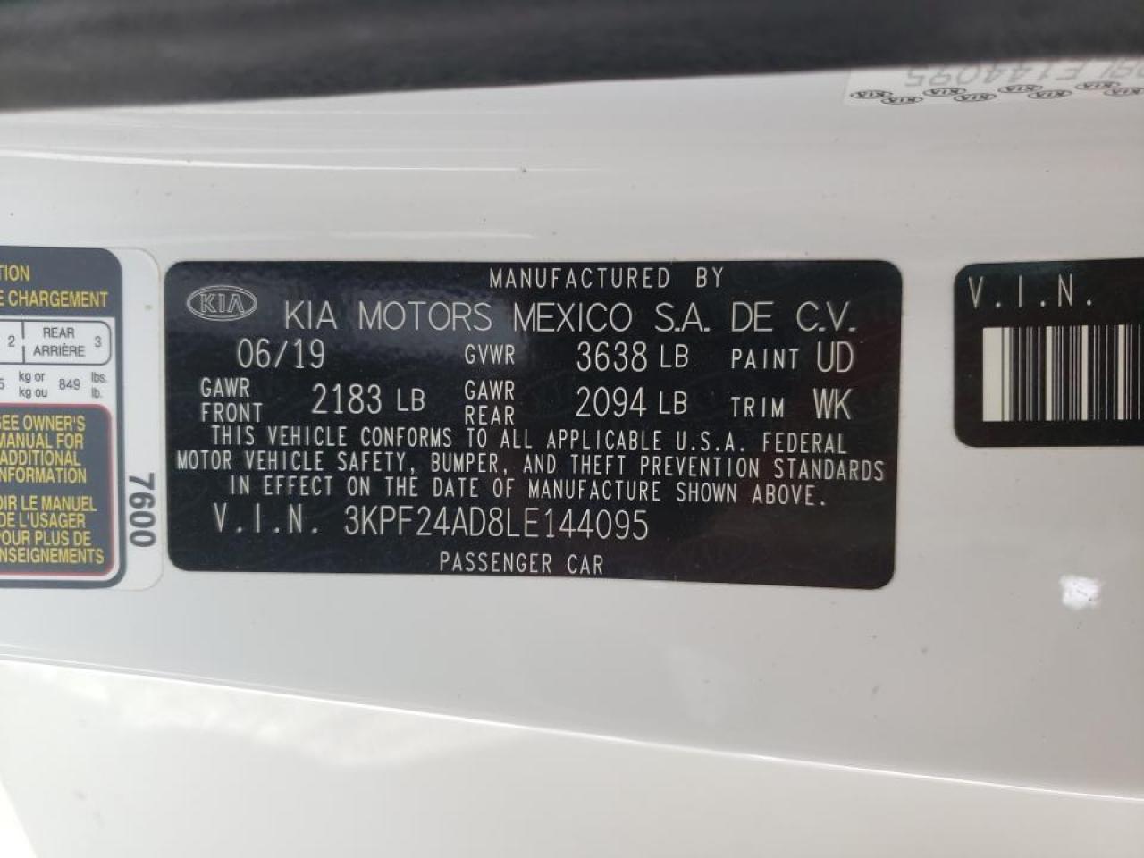 Photo 10 from auction – 2020 KIA FORTE FE with VIN 3KPF24AD8LE144095