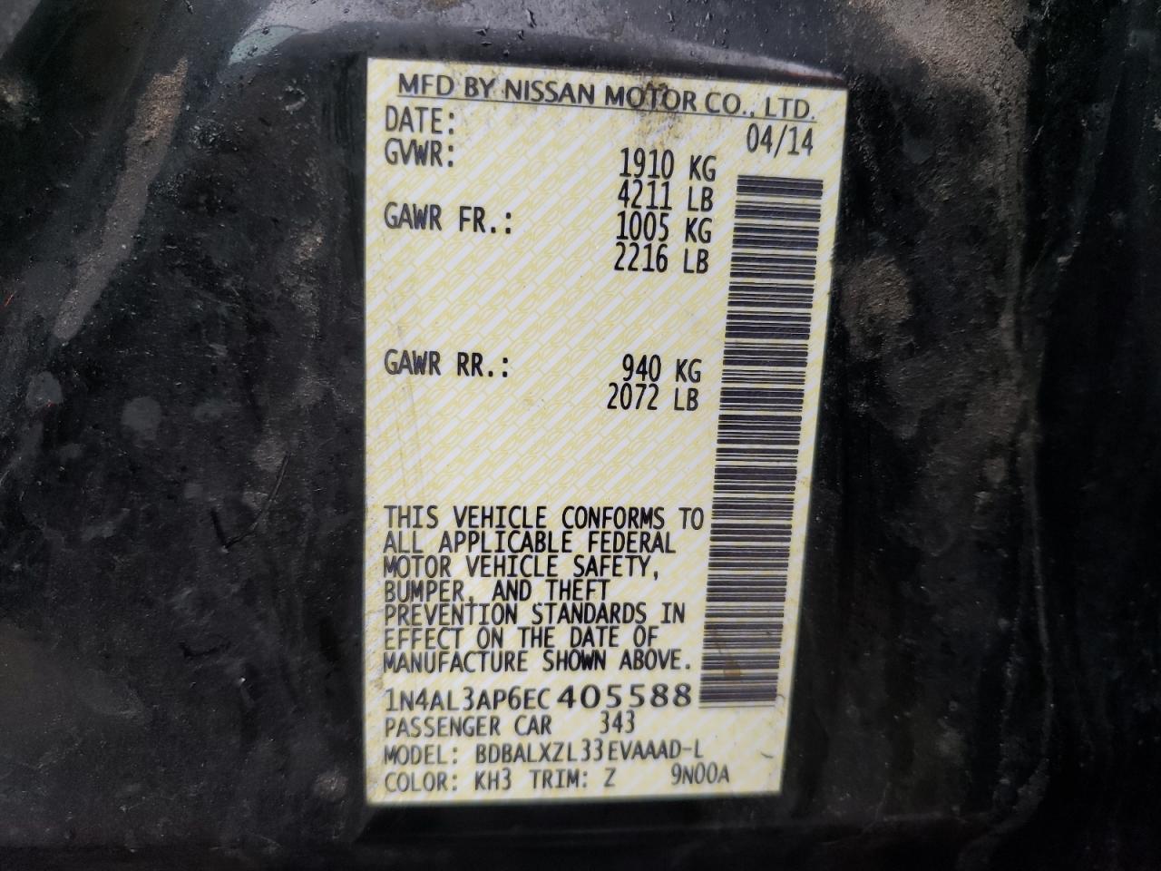 Photo 10 from auction – 2014 NISSAN ALTIMA 2.5 with VIN 1N4AL3AP6EC405588