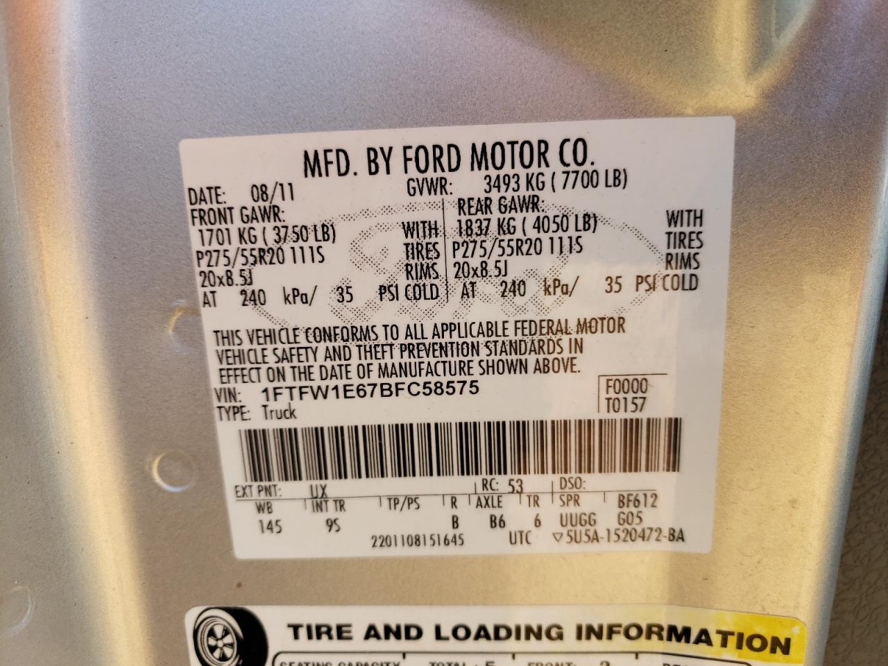 Photo 10 from auction – 2011 FORD F150 SUPER with VIN 1FTFW1E67BFC58575