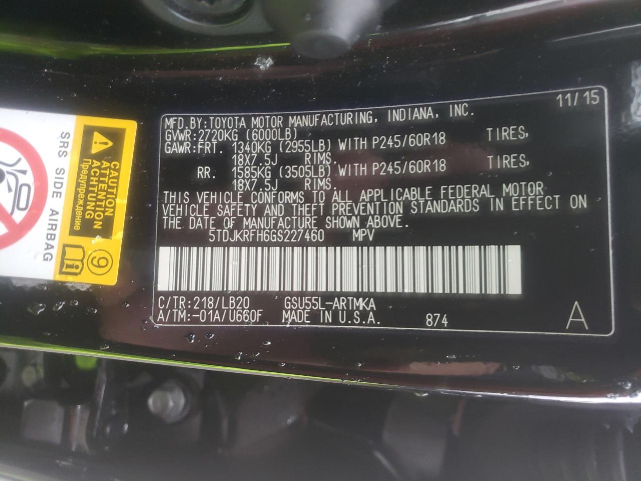 Photo 10 from auction – 2016 TOYOTA HIGHLANDER with VIN 5TDJKRFH6GS227460