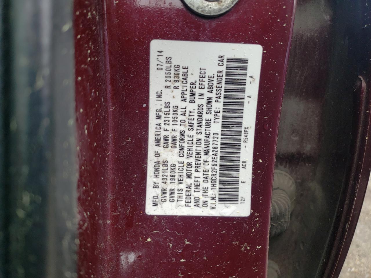 Photo 10 from auction – 2014 HONDA ACCORD SPO with VIN 1HGCR2F52EA287720