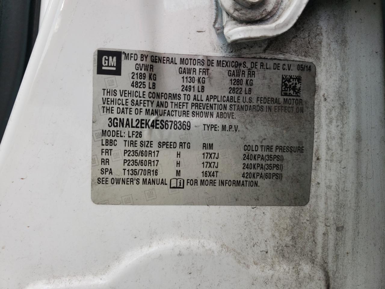 Photo 10 from auction – 2014 CHEVROLET CAPTIVA LS with VIN 3GNAL2EK4ES678369