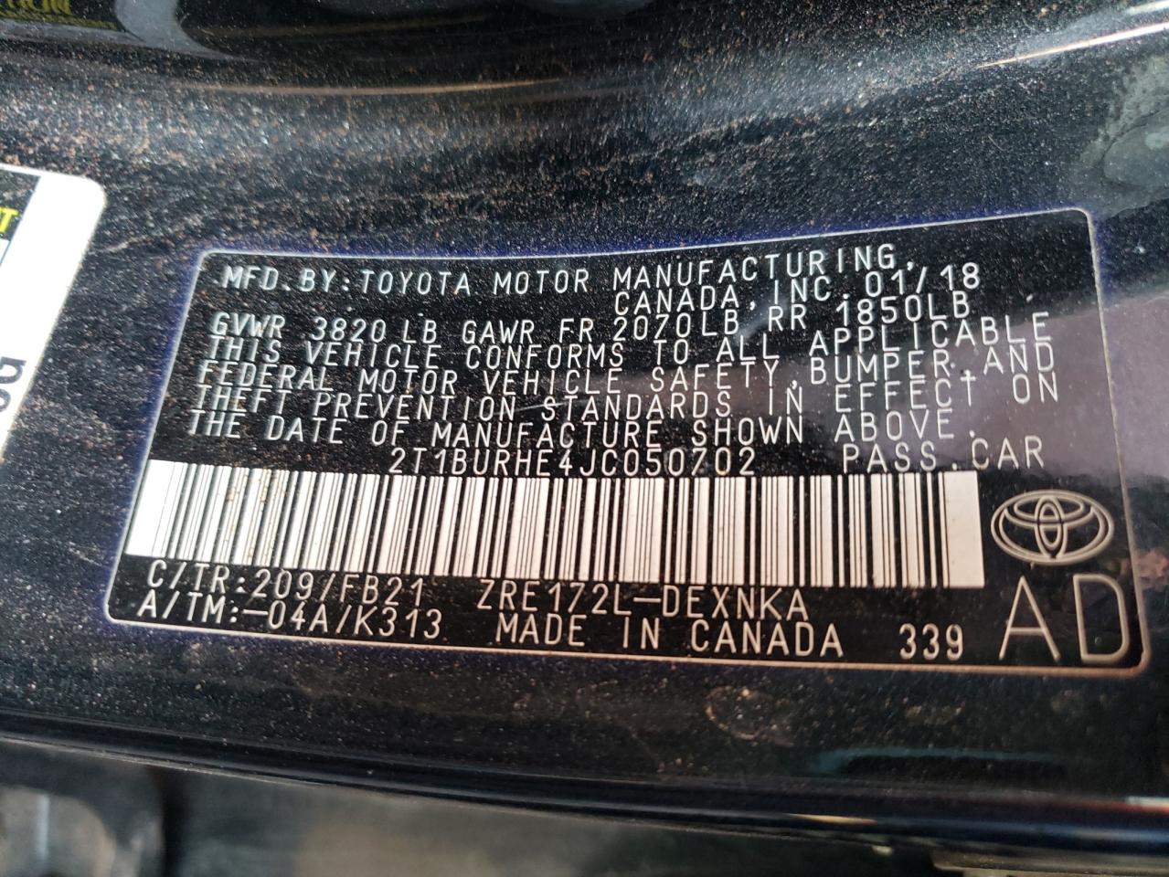 Photo 10 from auction – 2018 TOYOTA COROLLA L with VIN 2T1BURHE4JC050702