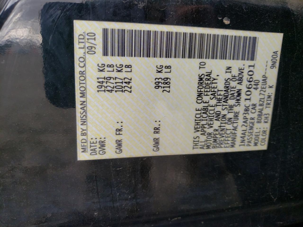 Photo 10 from auction – 2011 NISSAN ALTIMA BAS with VIN 1N4AL2AP3BC106601
