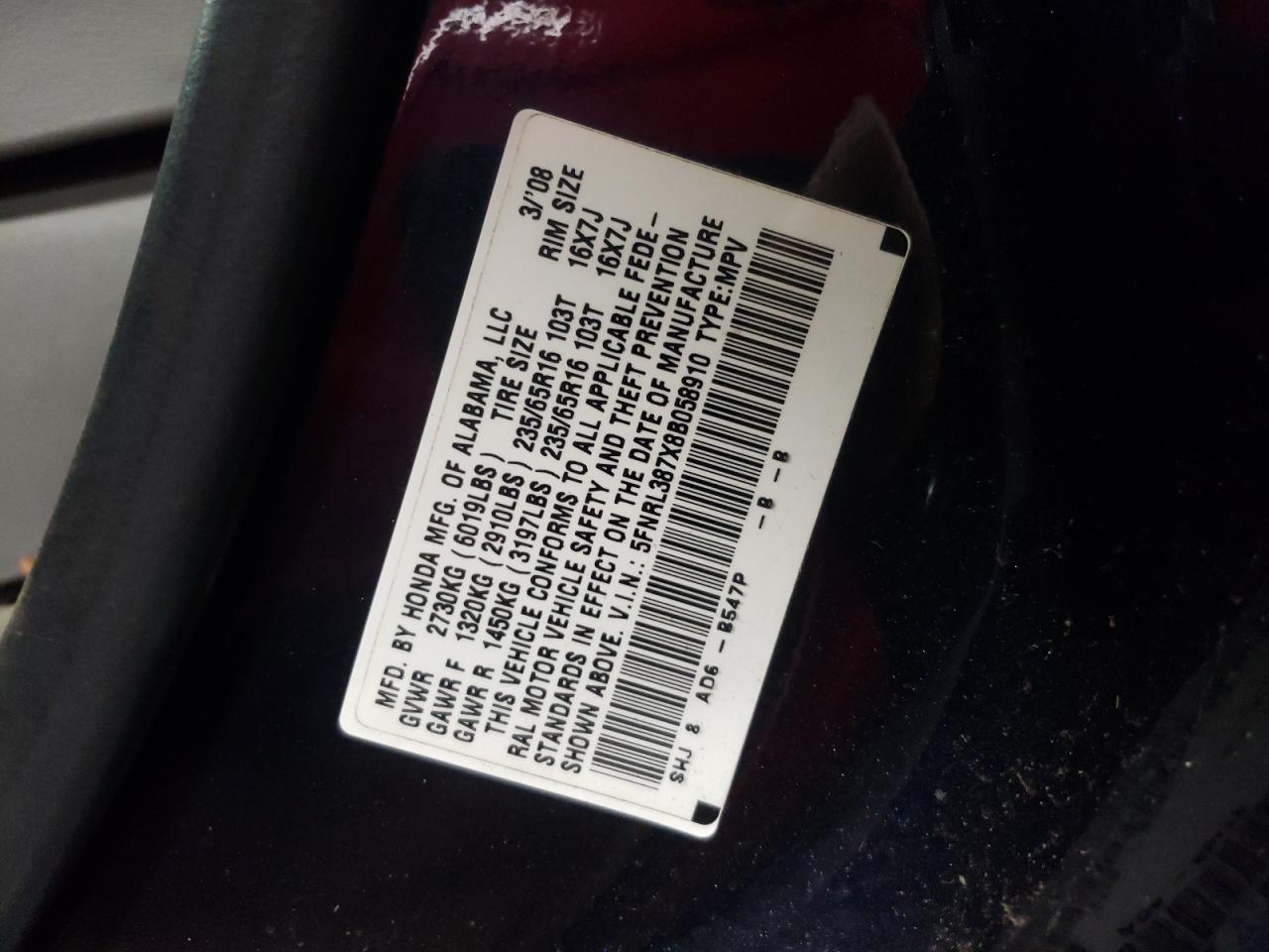 Photo 10 from auction – 2008 HONDA ODYSSEY EX with VIN 5FNRL387X8B058910