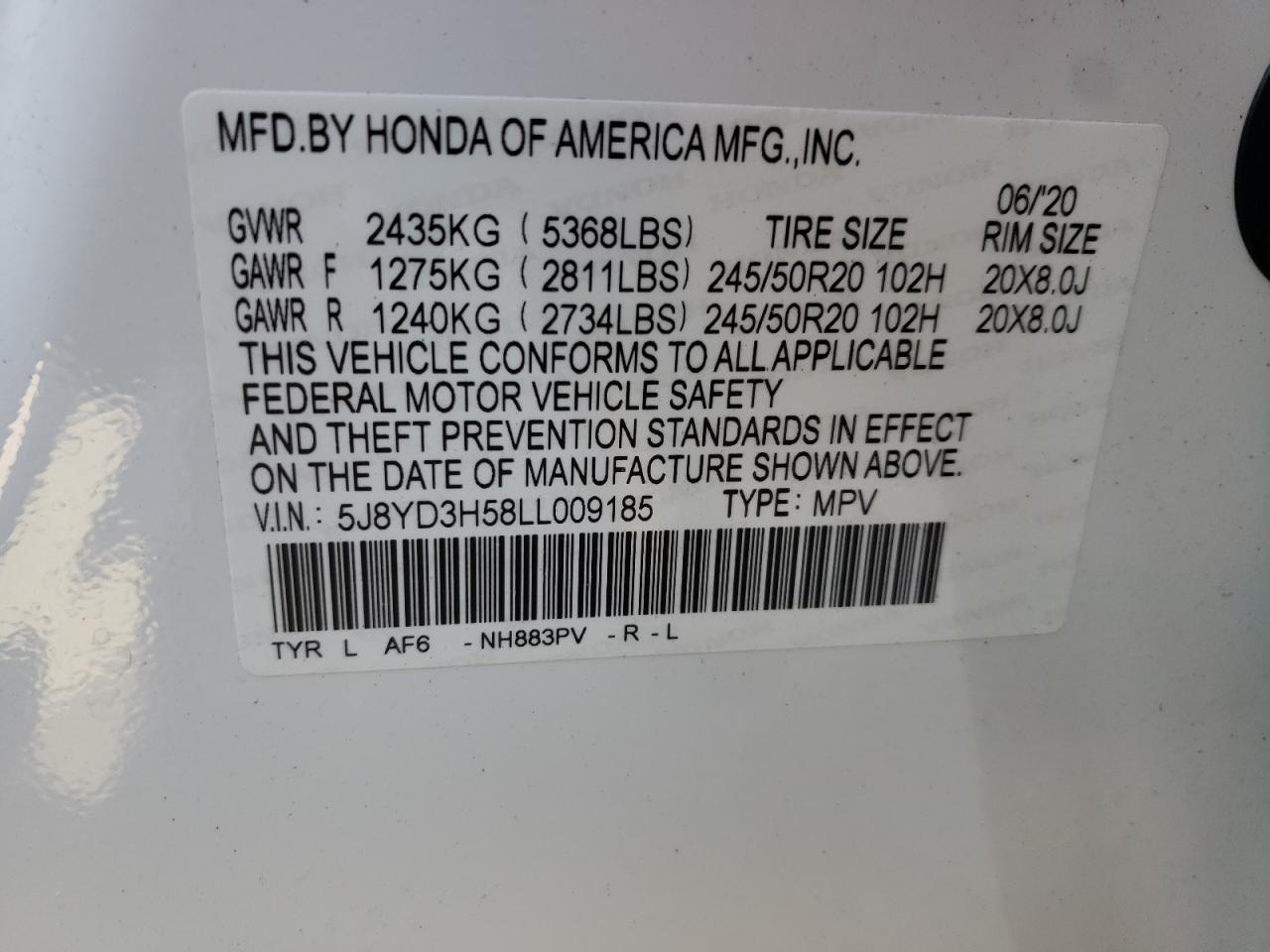 Photo 10 from auction – 2020 ACURA MDX TECHNO with VIN 5J8YD3H58LL009185