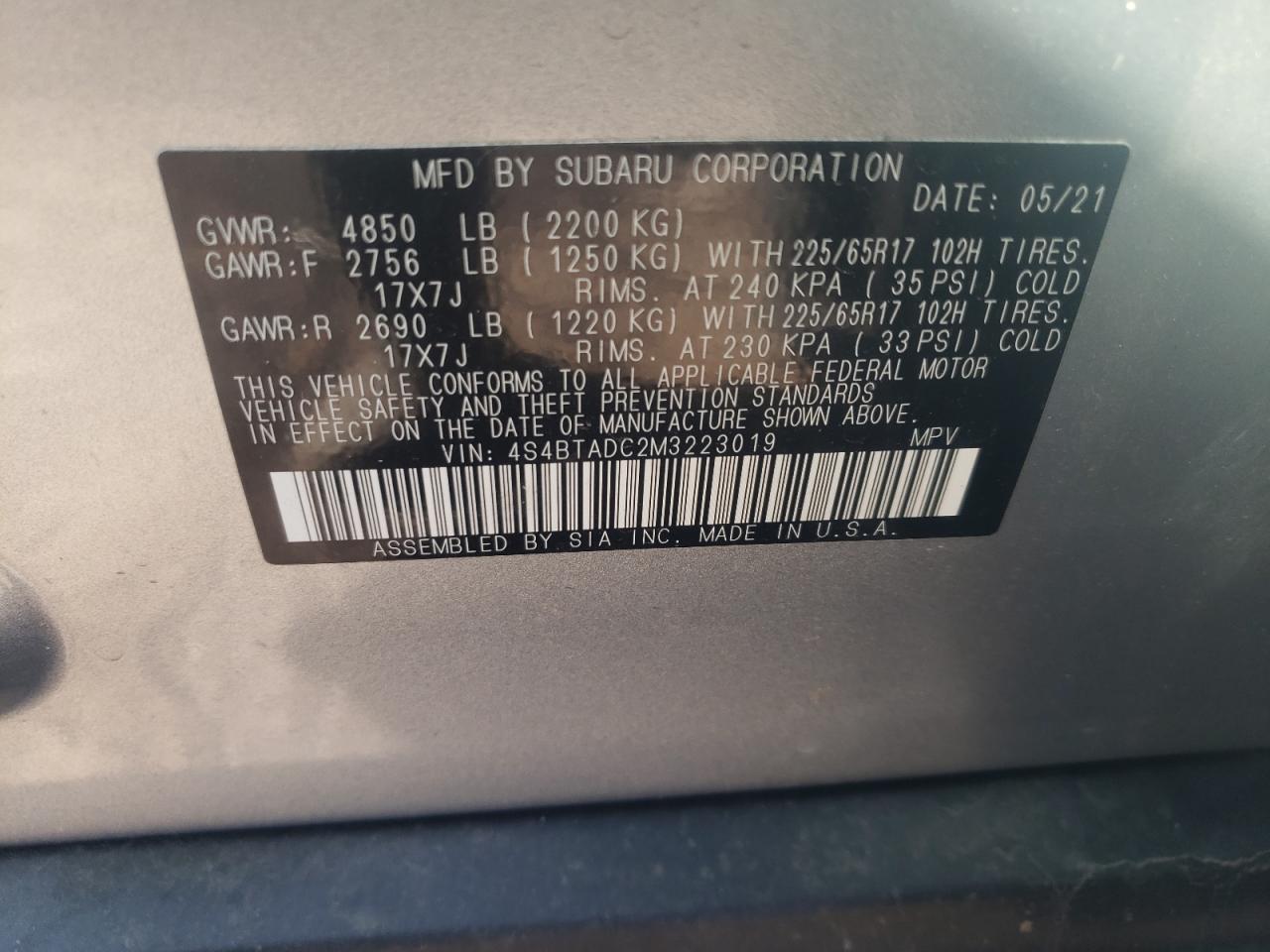 Photo 10 from auction – 2021 SUBARU OUTBACK PR with VIN 4S4BTADC2M3223019