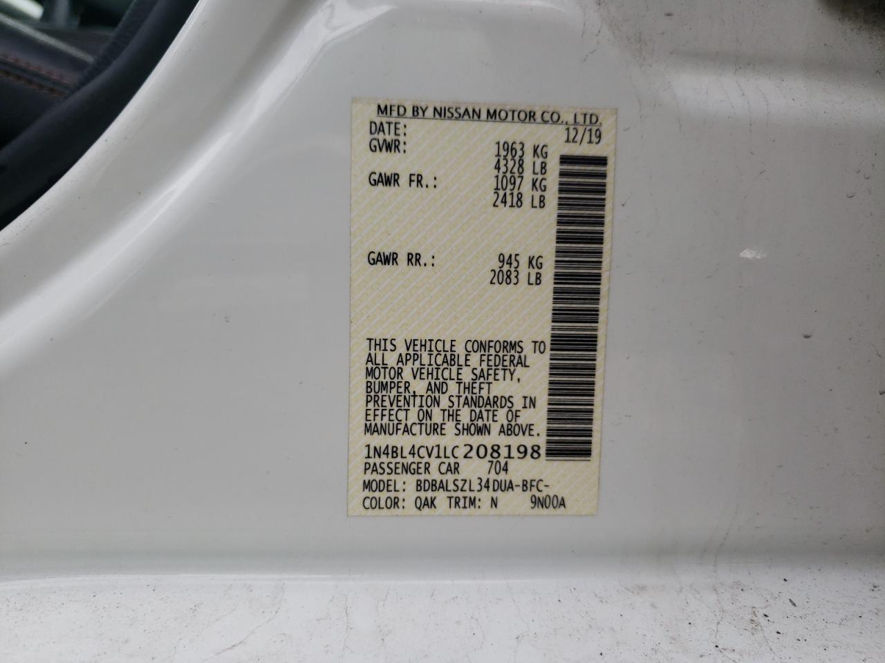 Photo 10 from auction – 2020 NISSAN ALTIMA SR with VIN 1N4BL4CV1LC208198