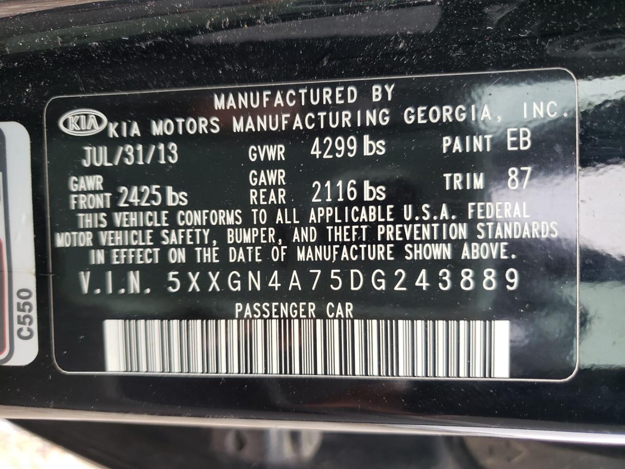 Photo 10 from auction – 2013 KIA OPTIMA EX with VIN 5XXGN4A75DG243889