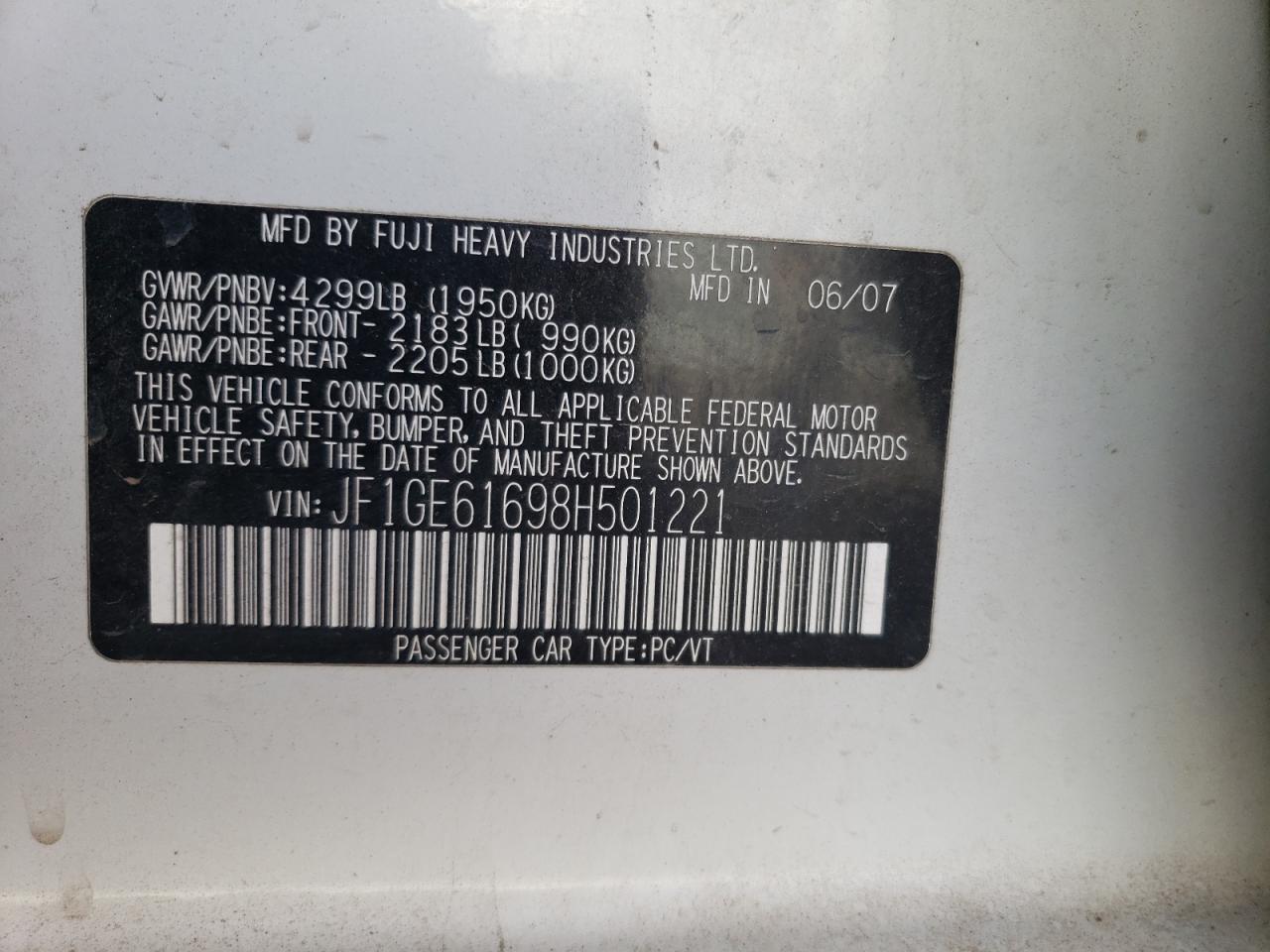 Photo 10 from auction – 2008 SUBARU IMPREZA 2. with VIN JF1GE61698H501221