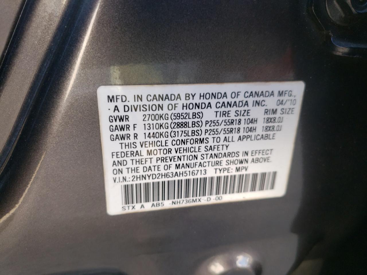 Photo 10 from auction – 2010 ACURA MDX TECHNO with VIN 2HNYD2H63AH516713