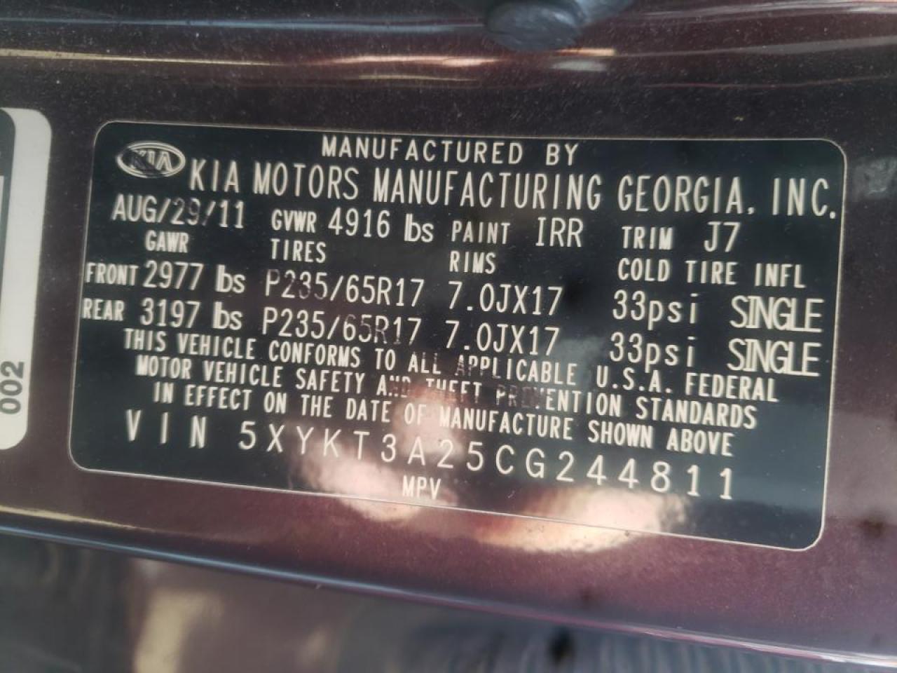 Photo 10 from auction – 2012 KIA SORENTO BA with VIN 5XYKT3A25CG244811