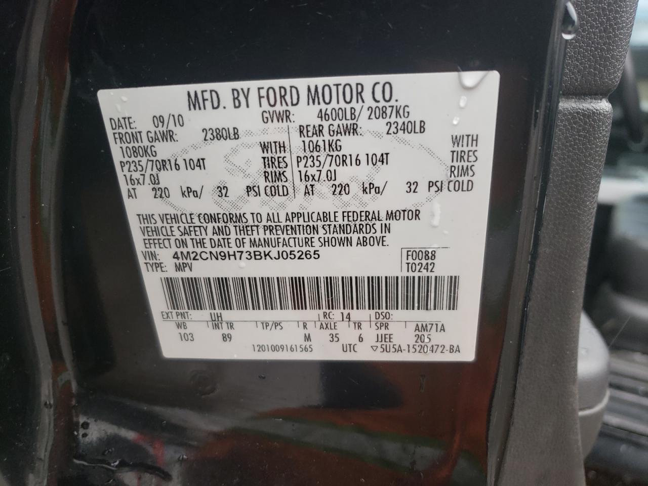Photo 10 from auction – 2011 MERCURY MARINER PR with VIN 4M2CN9H73BKJ05265