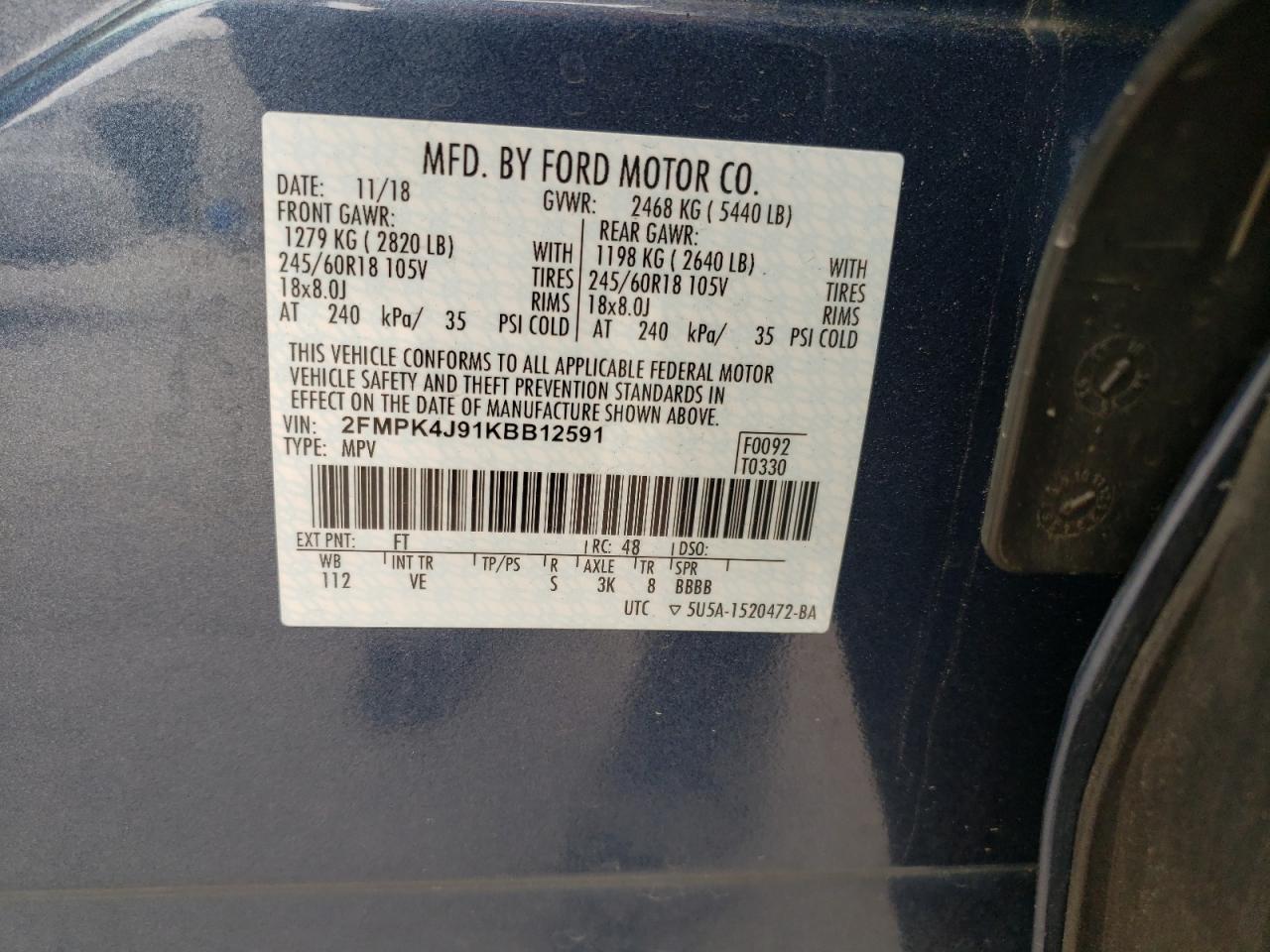 Photo 10 from auction – 2019 FORD EDGE SEL with VIN 2FMPK4J91KBB12591