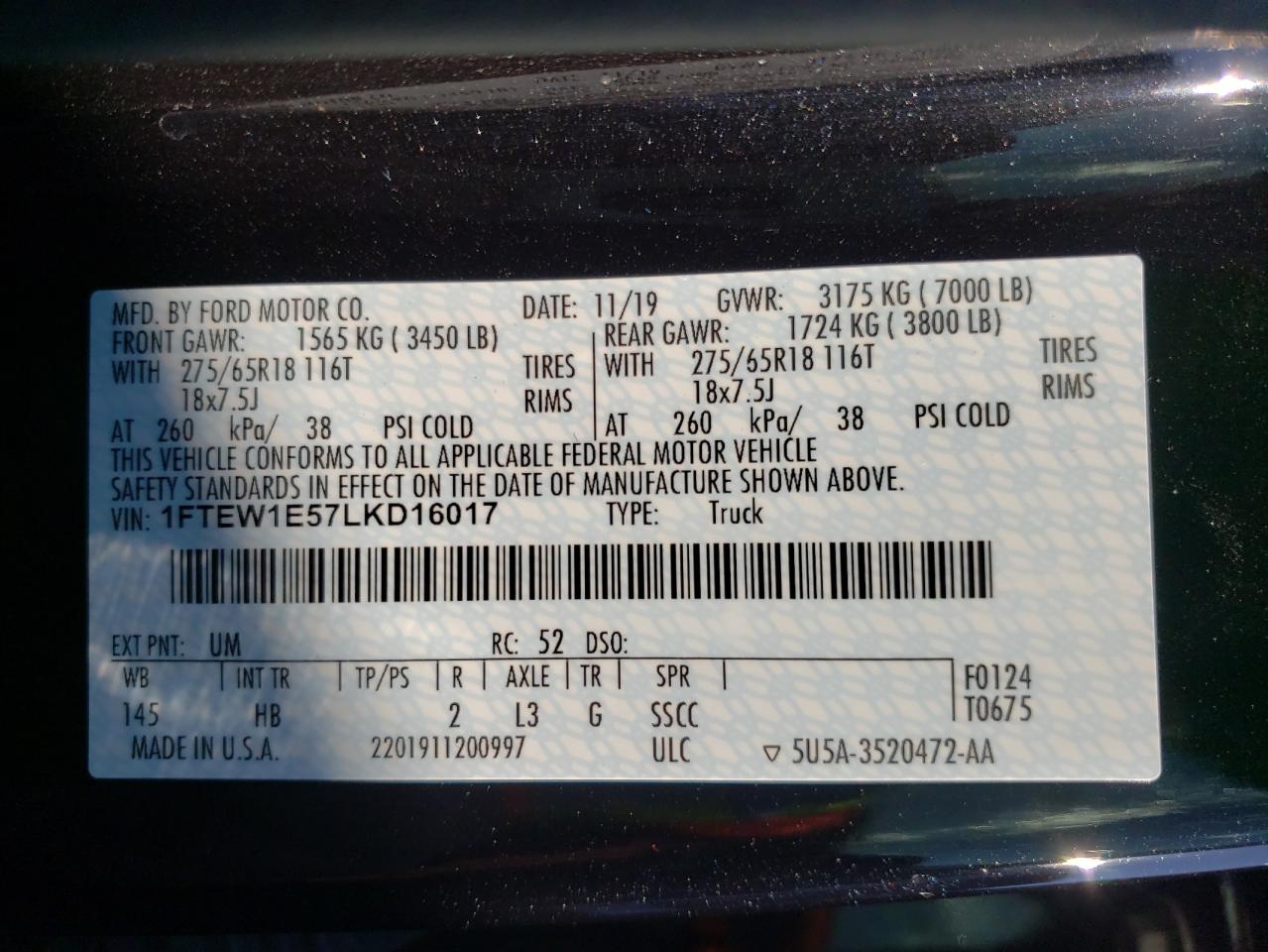 Photo 10 from auction – 2020 FORD F150 SUPER with VIN 1FTEW1E57LKD16017