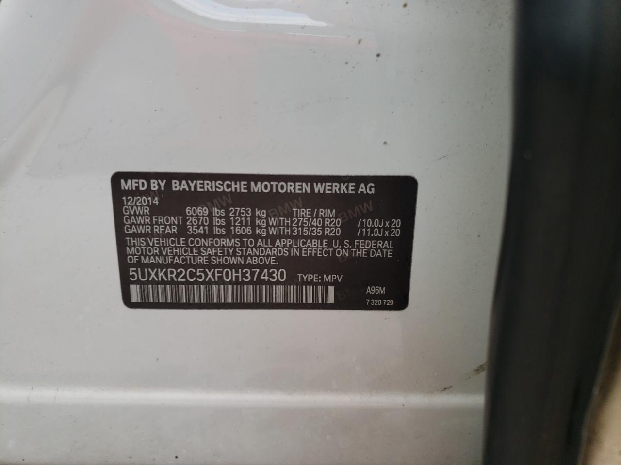 Photo 10 from auction – 2015 BMW X5 SDRIVE3 with VIN 5UXKR2C5XF0H37430