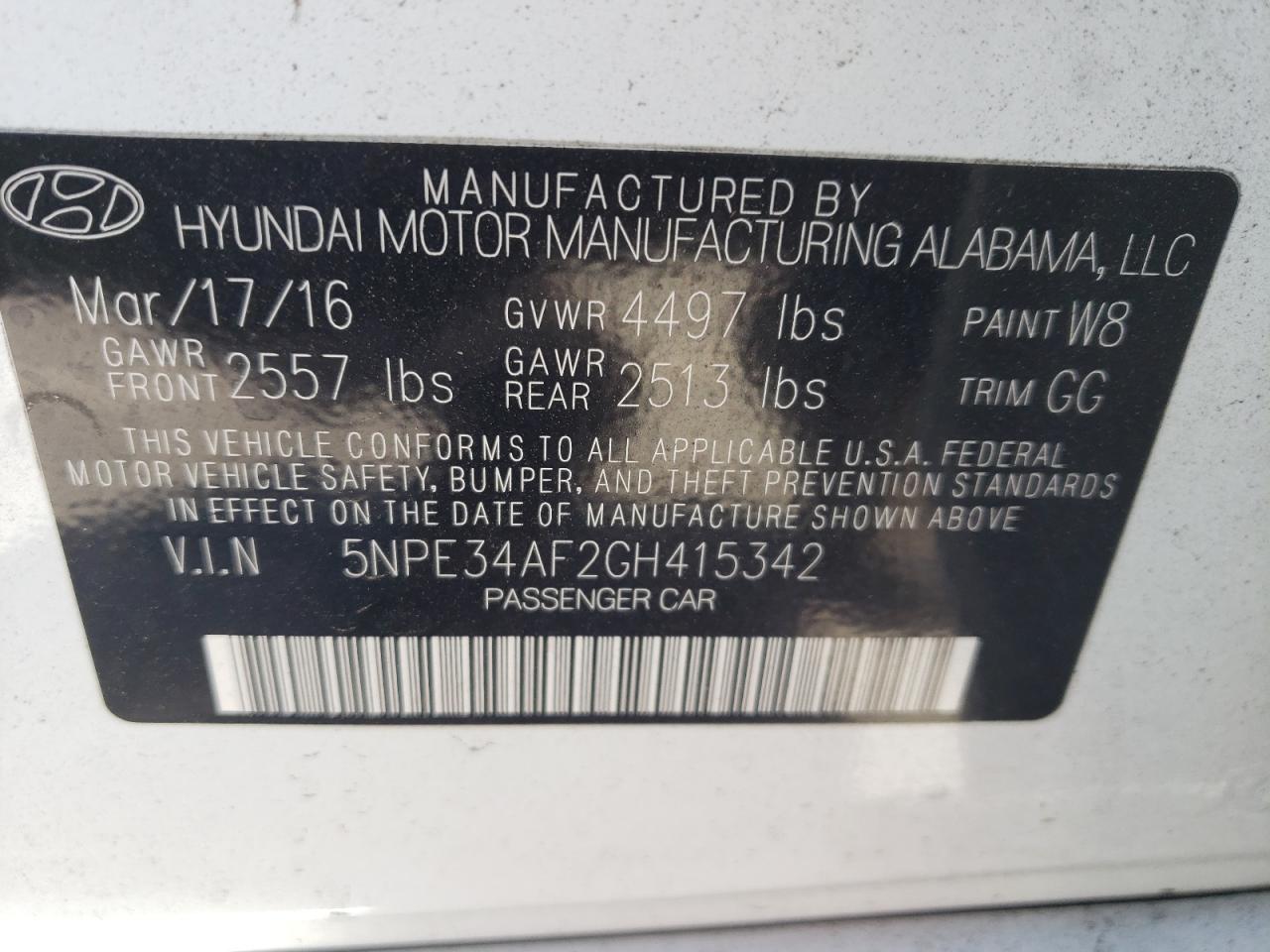 Photo 10 from auction – 2016 HYUNDAI SONATA SPO with VIN 5NPE34AF2GH415342