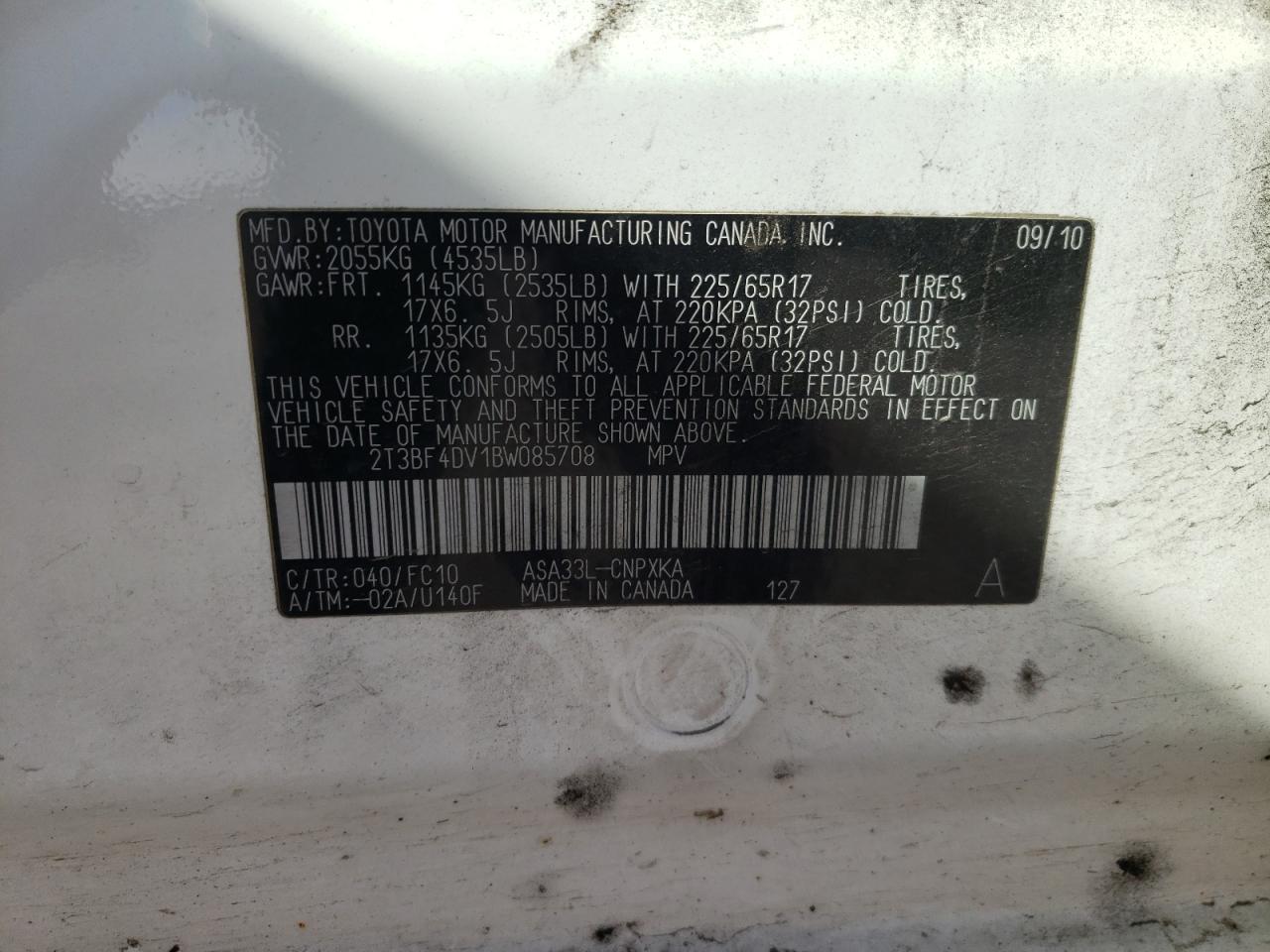 Photo 10 from auction – 2011 TOYOTA RAV4 with VIN 2T3BF4DV1BW085708