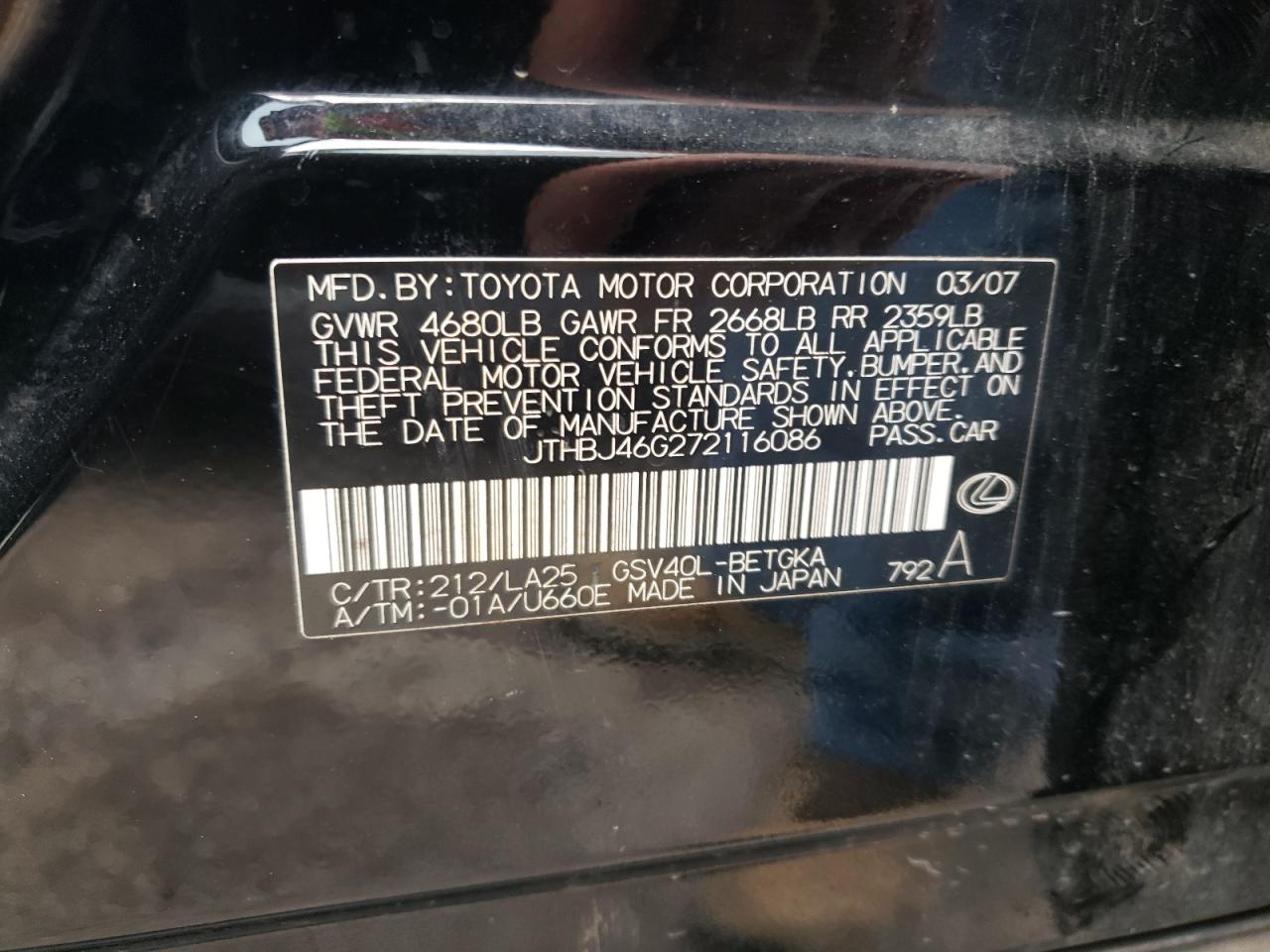 Photo 10 from auction – 2007 LEXUS ES 350 with VIN JTHBJ46G272116086