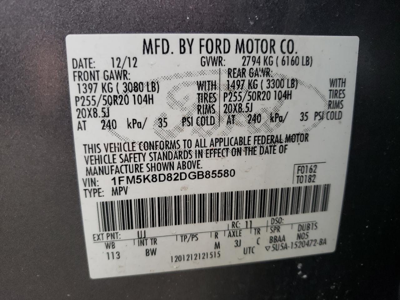 Photo 10 from auction – 2013 FORD EXPLORER X with VIN 1FM5K8D82DGB85580