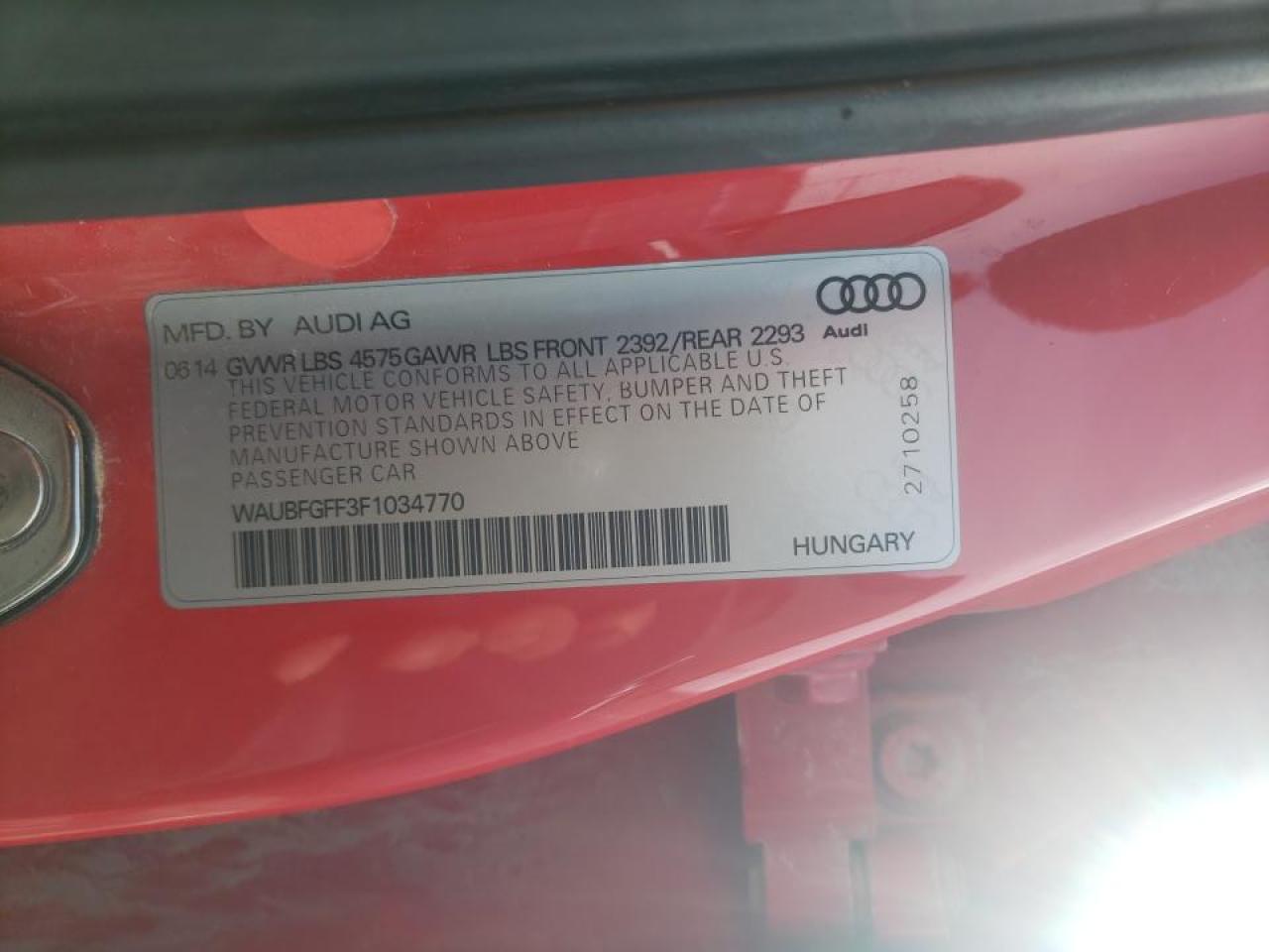 Photo 10 from auction – 2015 AUDI S3 PREMIUM with VIN WAUBFGFF3F1034770