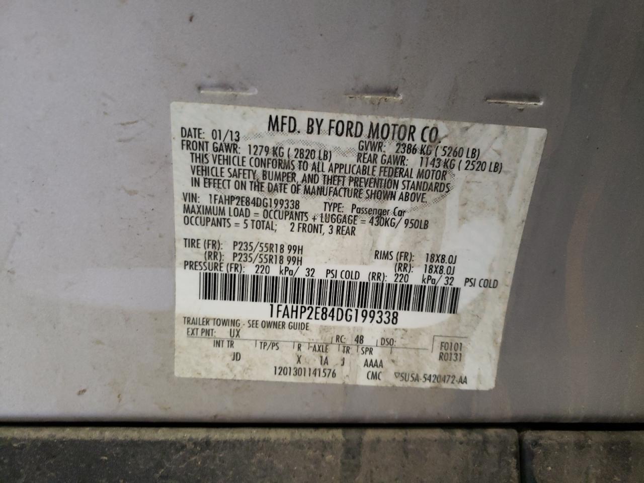 Photo 10 from auction – 2013 FORD TAURUS SEL with VIN 1FAHP2E84DG199338