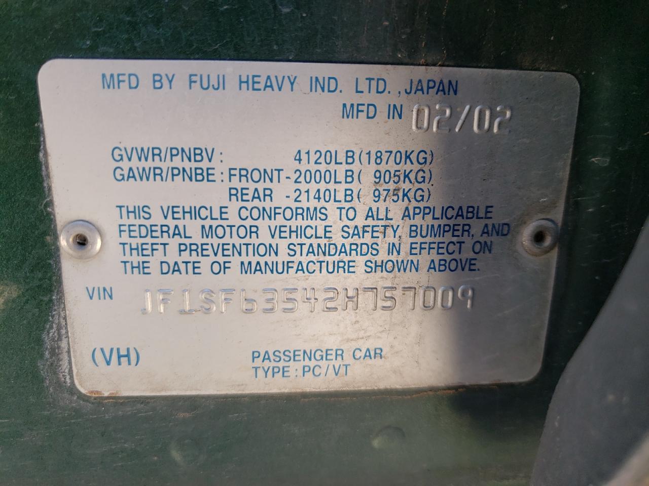 Photo 10 from auction – 2002 SUBARU FORESTER L with VIN JF1SF63542H757009