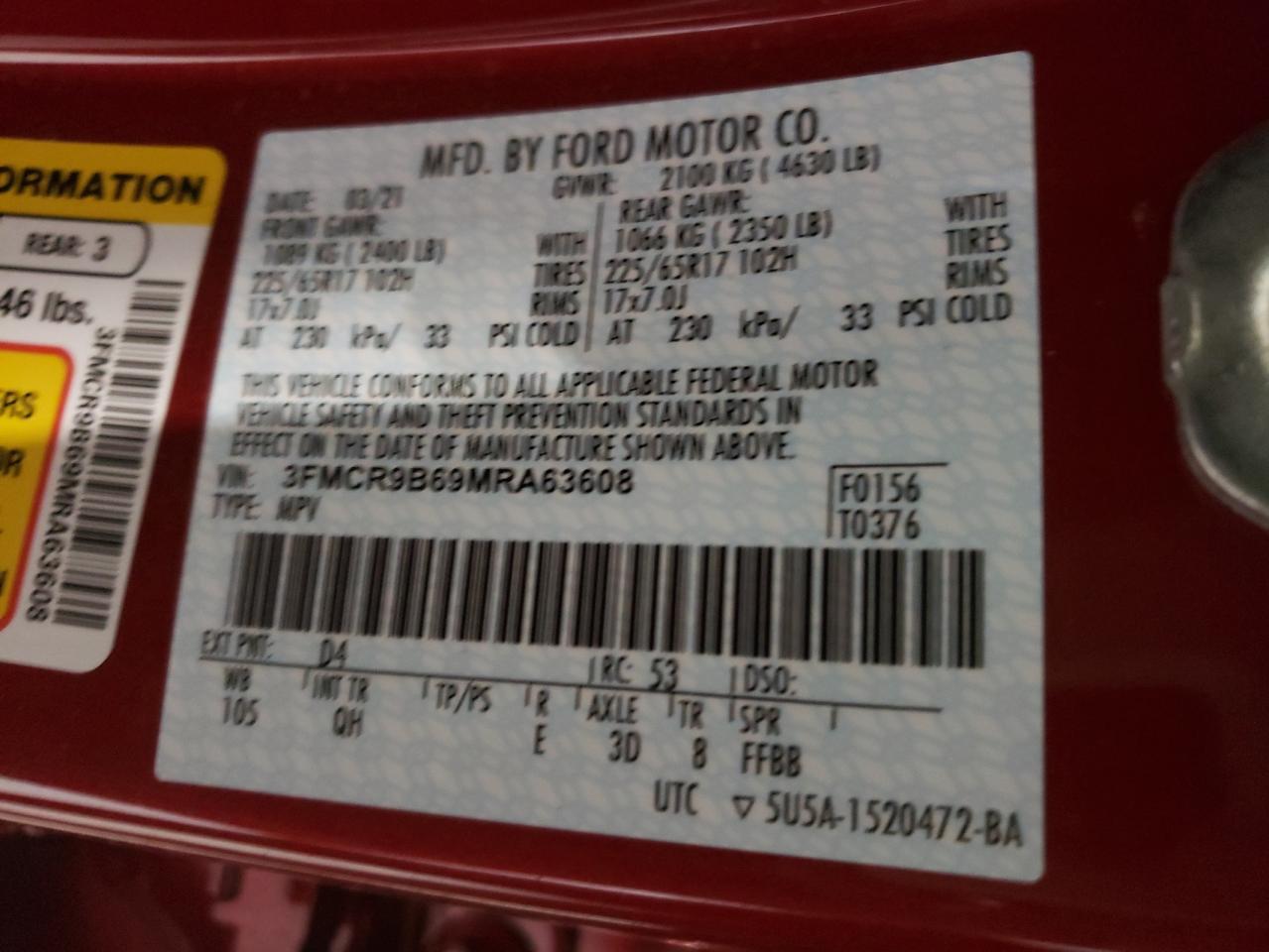 Photo 10 from auction – 2021 FORD BRONCO SPO with VIN 3FMCR9B69MRA63608