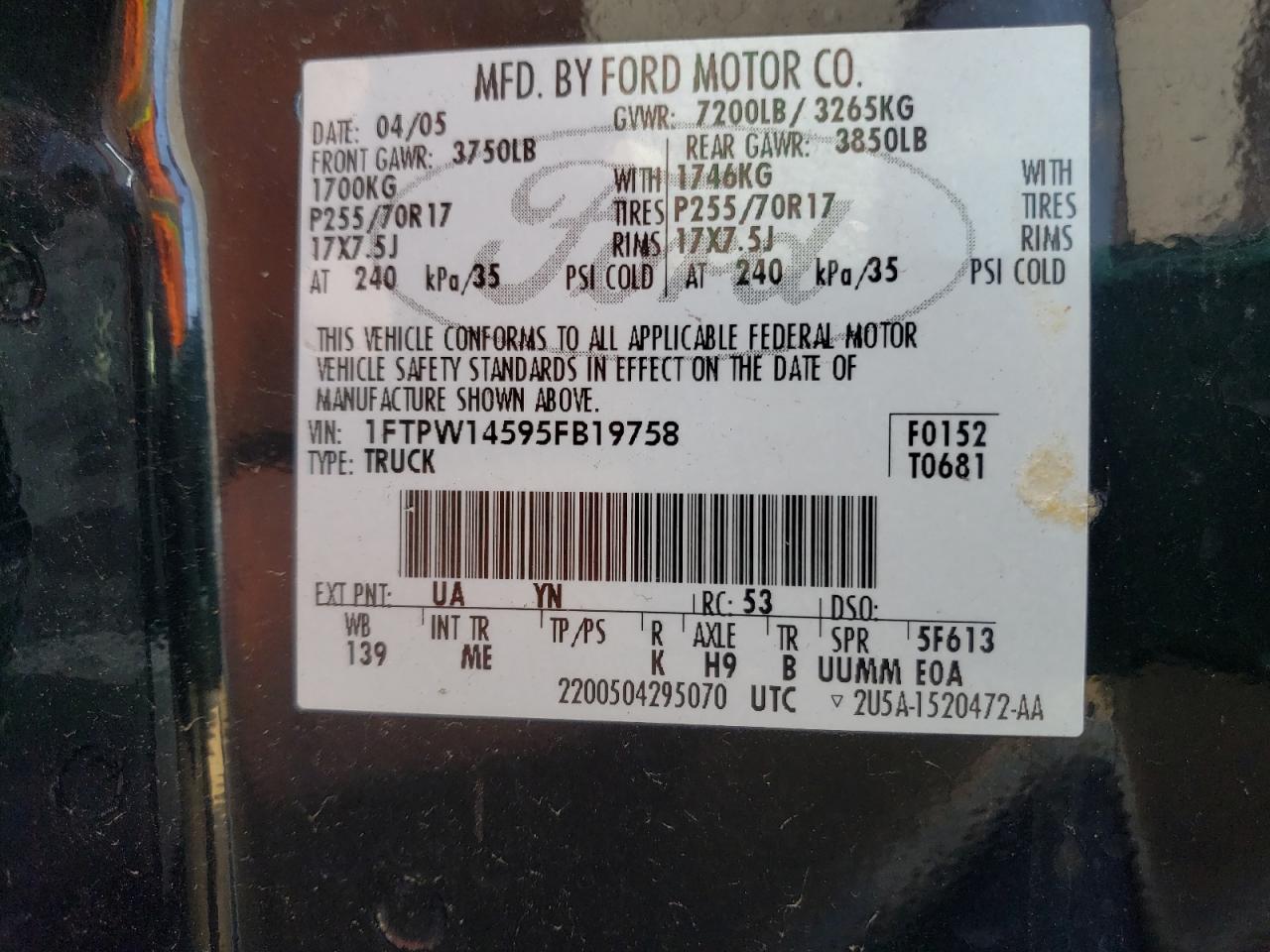 Photo 10 from auction – 2005 FORD F150 SUPER with VIN 1FTPW14595FB19758