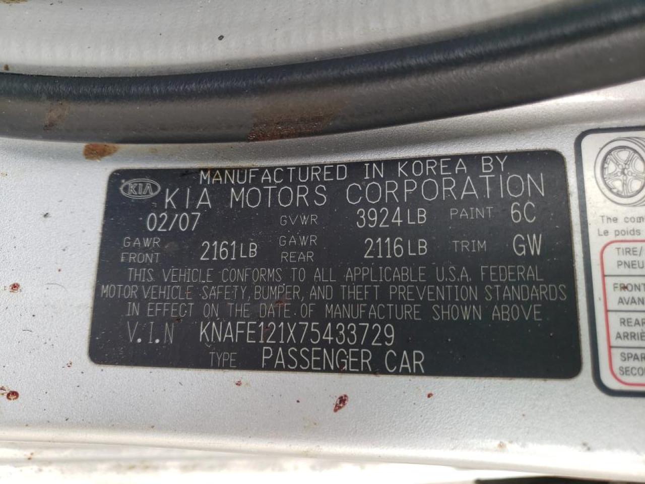 Photo 10 from auction – 2007 KIA SPECTRA EX with VIN KNAFE121X75433729