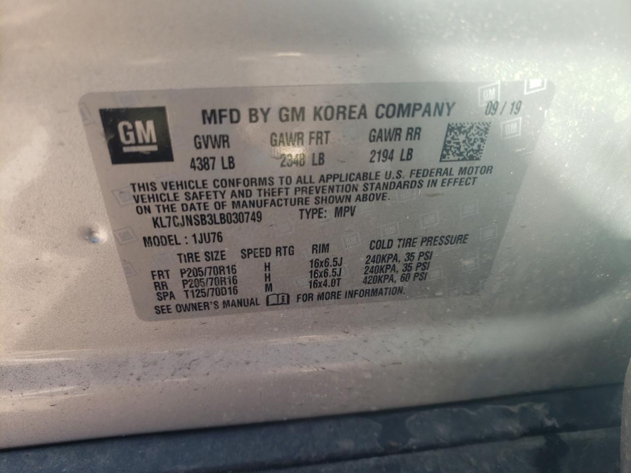 Photo 10 from auction – 2020 CHEVROLET TRAX LS with VIN KL7CJNSB3LB030749