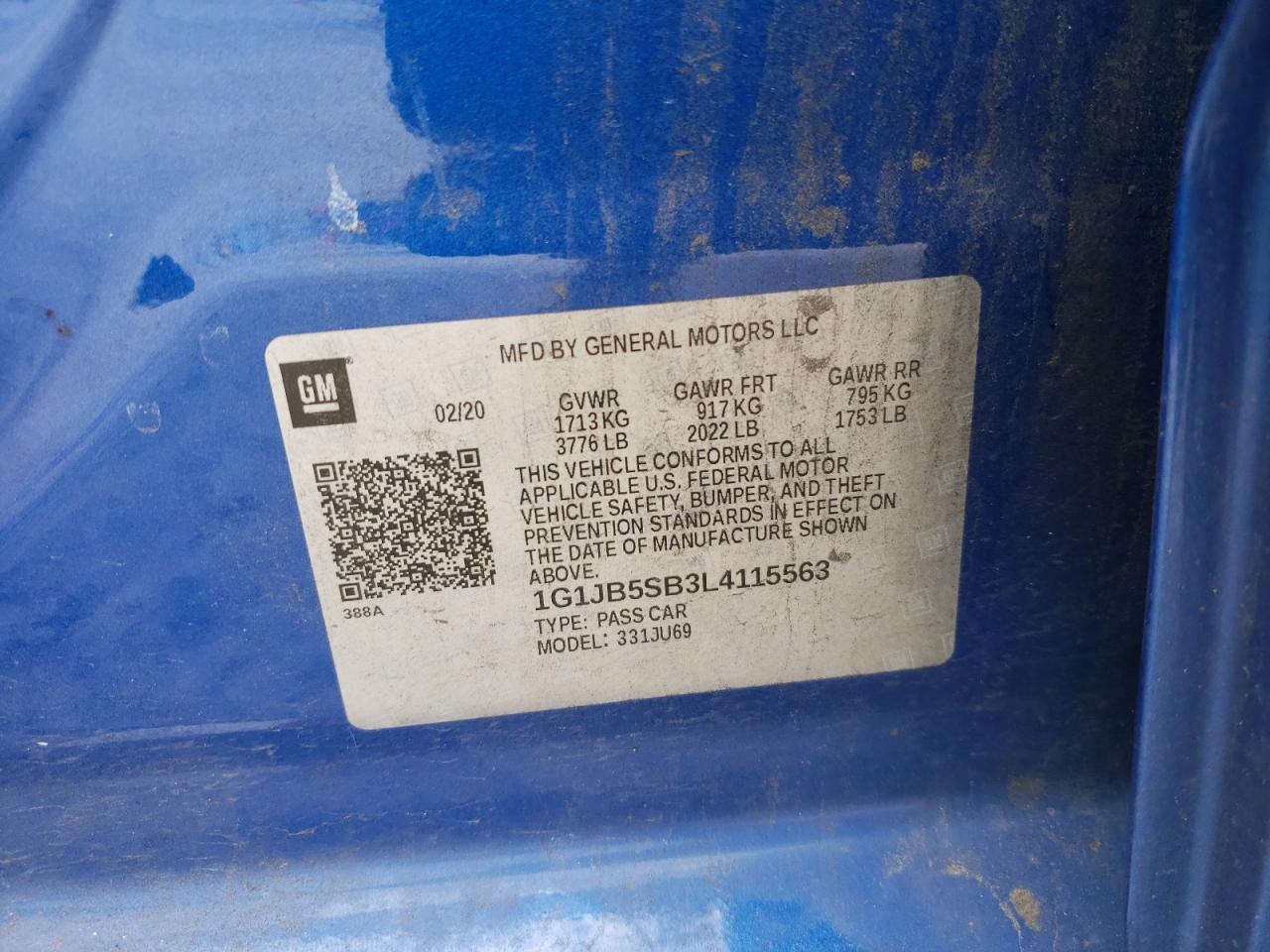 Photo 10 from auction – 2020 CHEVROLET SONIC LS with VIN 1G1JB5SB3L4115563