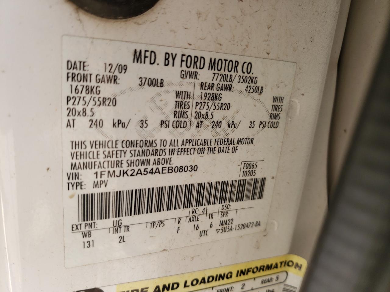 Photo 10 from auction – 2010 FORD EXPEDITION with VIN 1FMJK2A54AEB08030