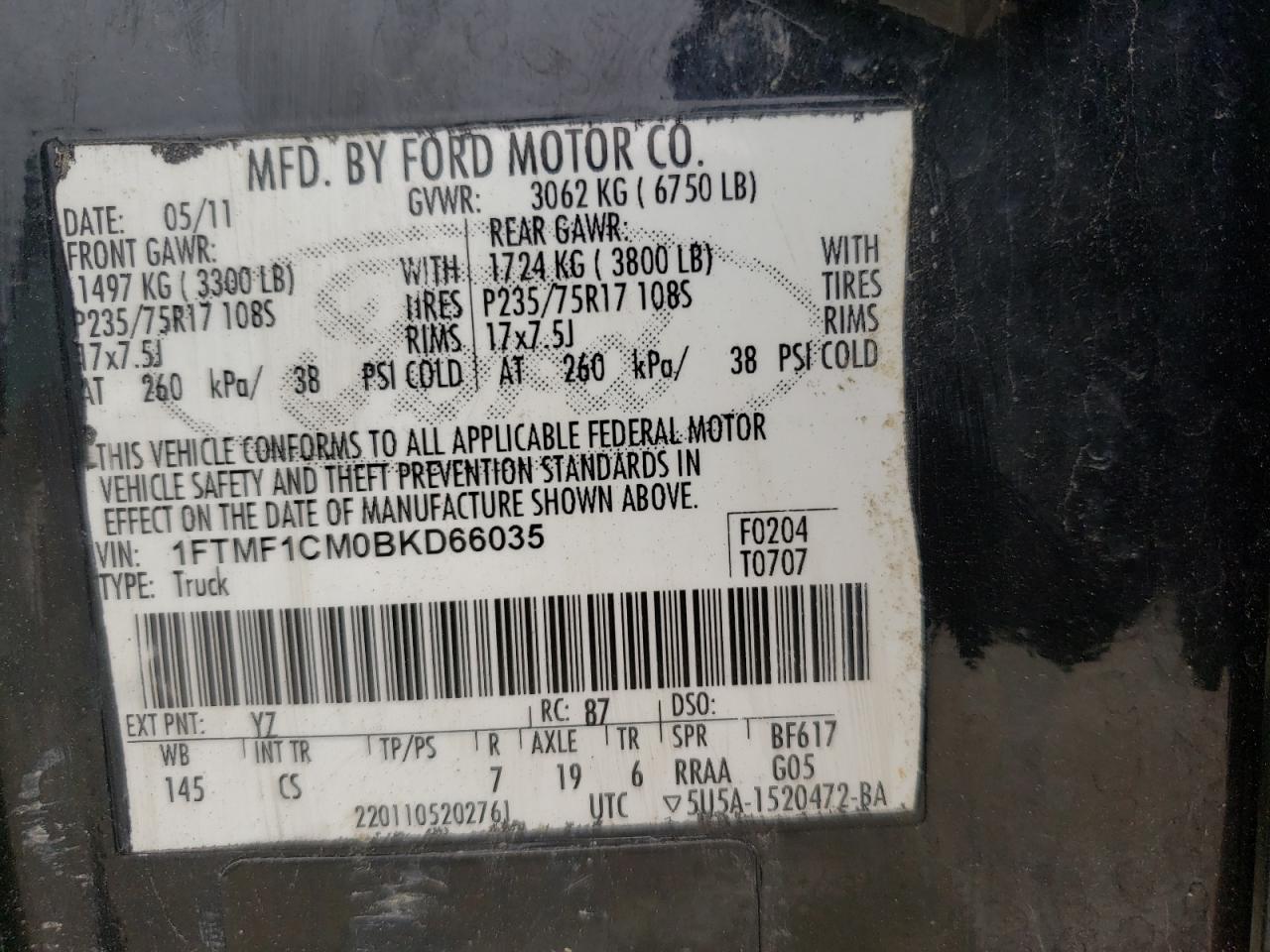 Photo 10 from auction – 2011 FORD F150 with VIN 1FTMF1CM0BKD66035